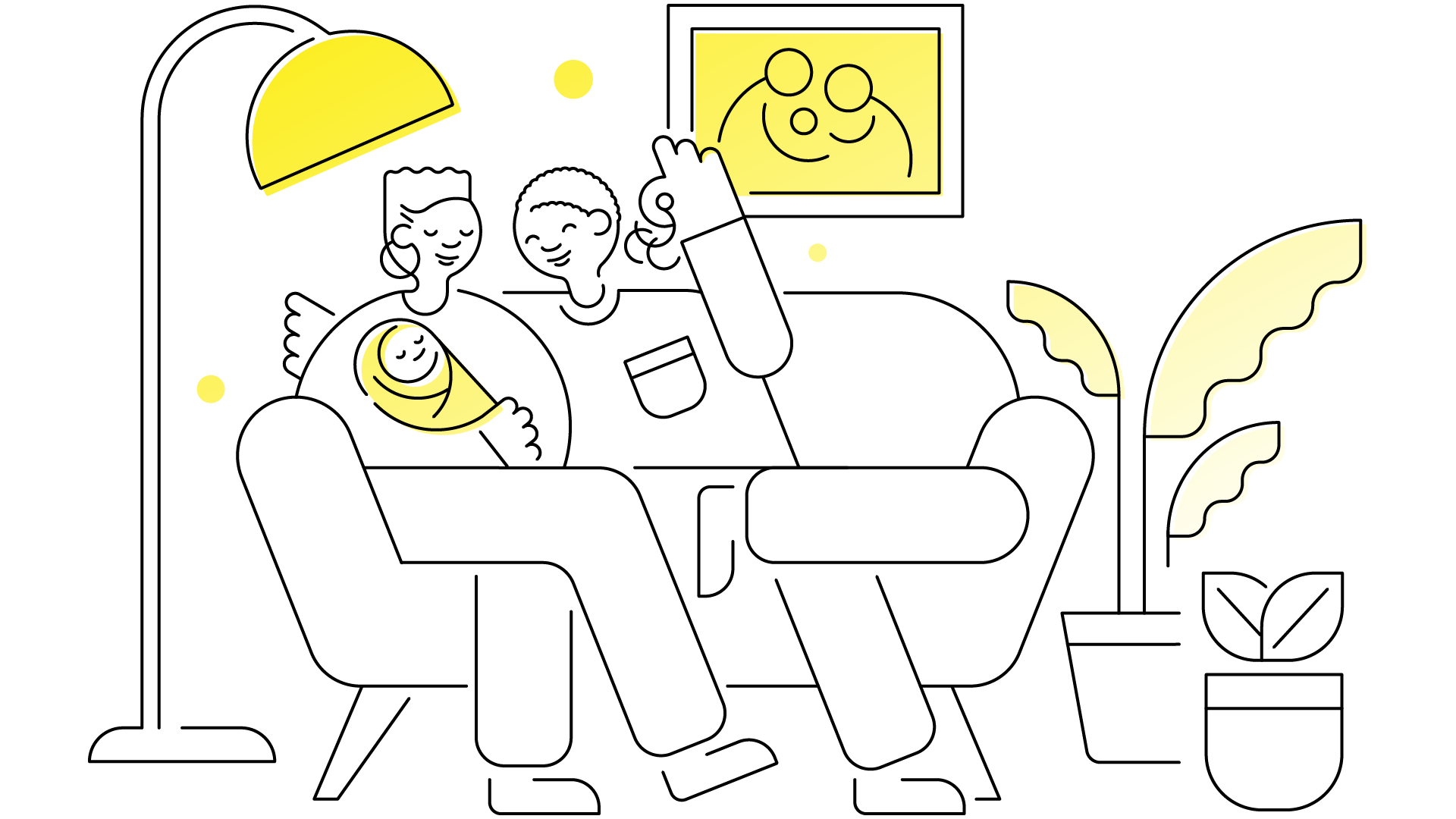 Illustration of a couple at home on a couch with their newborn baby