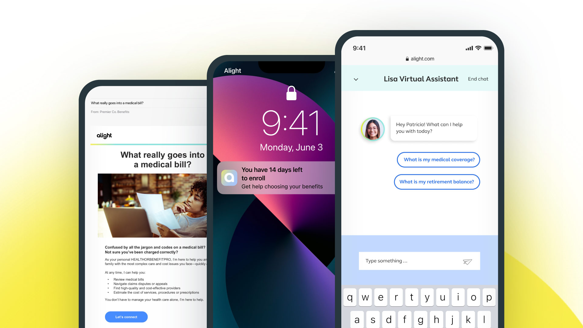 a series of phone screens and each displaying a page from the Worklife app