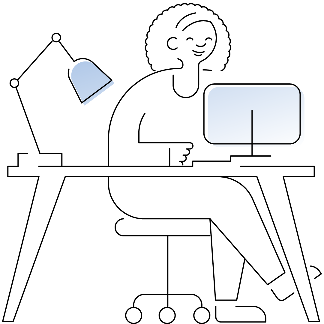 Illustration of a smiling woman sitting at her computer in a home office