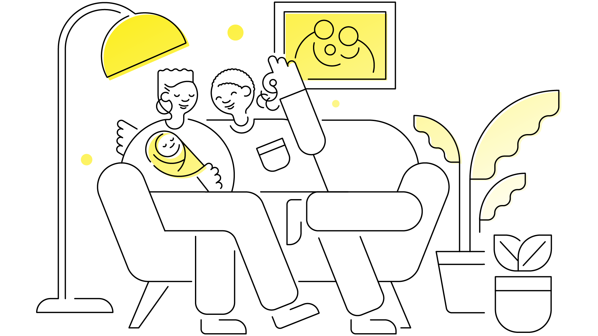 Illustration of a couple at home on a couch with their newborn baby